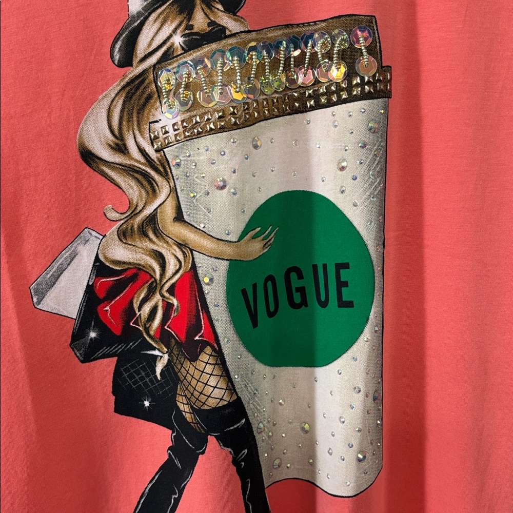 Vinizbena Made in Italy Coral Graphic Tee with Vogue Cup Print Size L - Picture 2 of 5